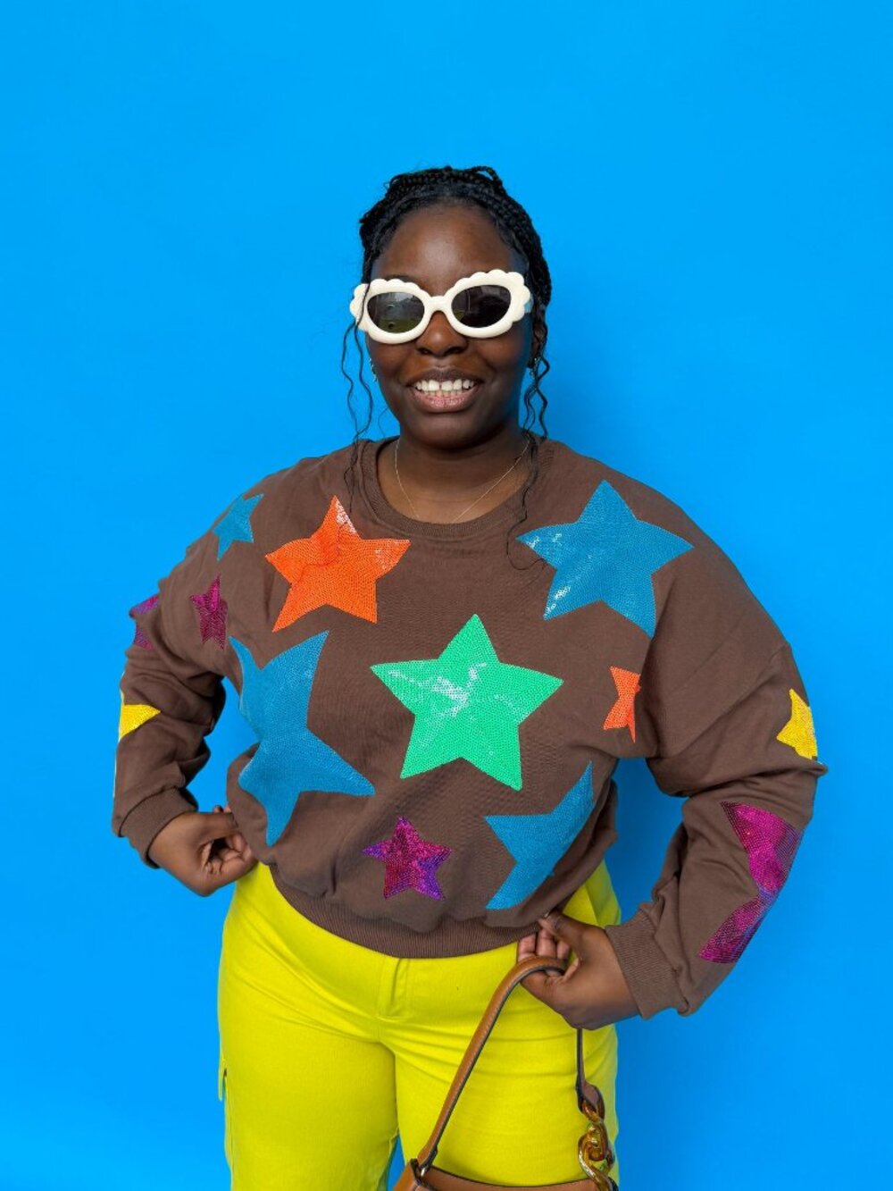 Brown Sequin Rainbow Star Crewneck